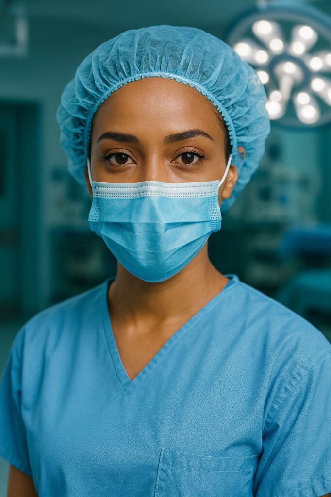 Female doctor wearing Novel surgical mask and bouffant cap in hospital