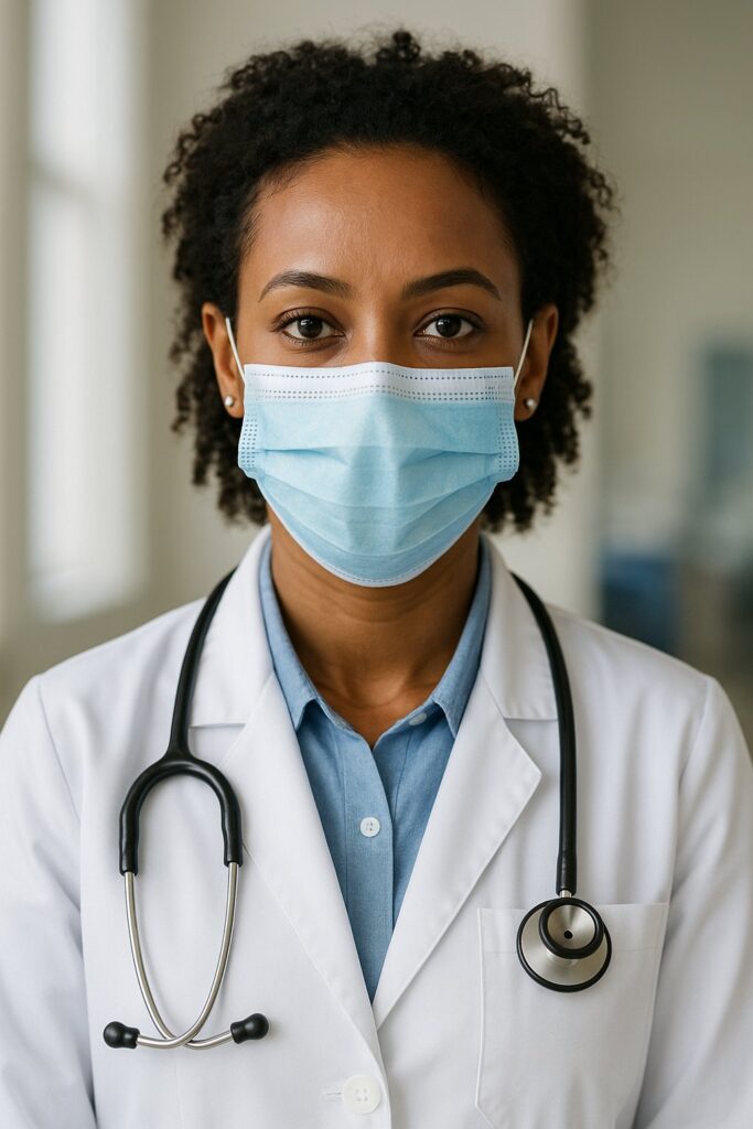 Ethiopian doctor wearing a 3 layer Novel Medical mask for safe and hygienic protection.